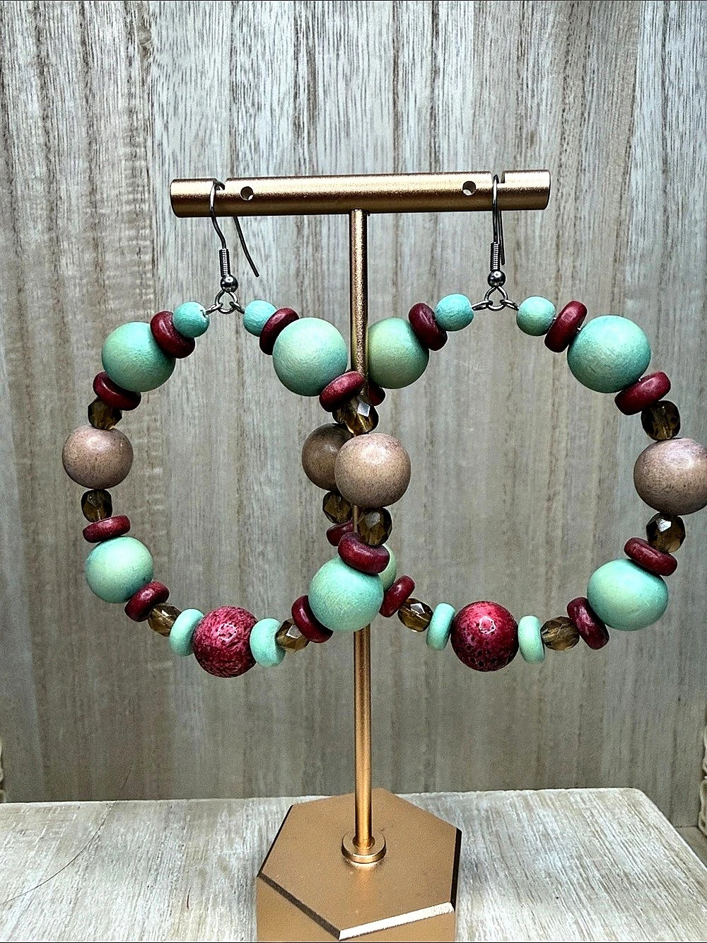 Handmade Red Coral & Smoky Topaz Czech Crystal Wood Bead Hoop Earrings